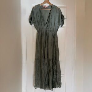 Silky Flowy Sage Green Maxi Dress, short sleeves & v-neck, one size
